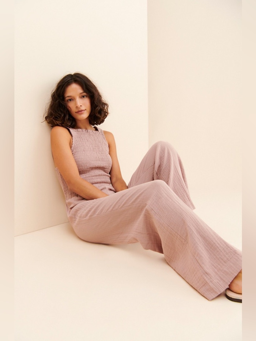 NWT Faherty 100% Organic Cotton Diego Wide Leg Smocked Jumpsuit in Fawn Pink